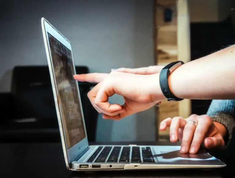 Image of hands pointing to the screen of a laptop computer.