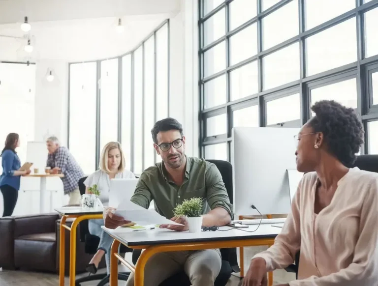 People sitting at their desks in an office environment, having a conversation.