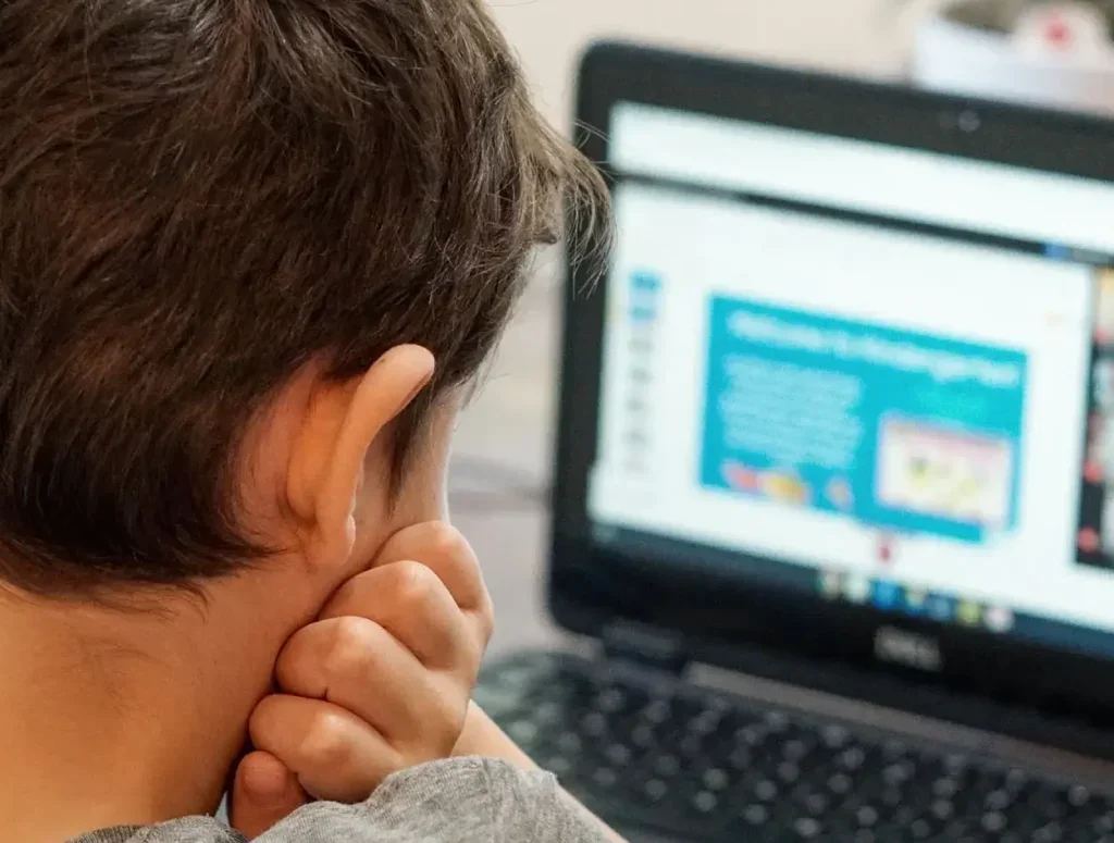 Image of a boy accessing his homework remotely through a laptop computer.